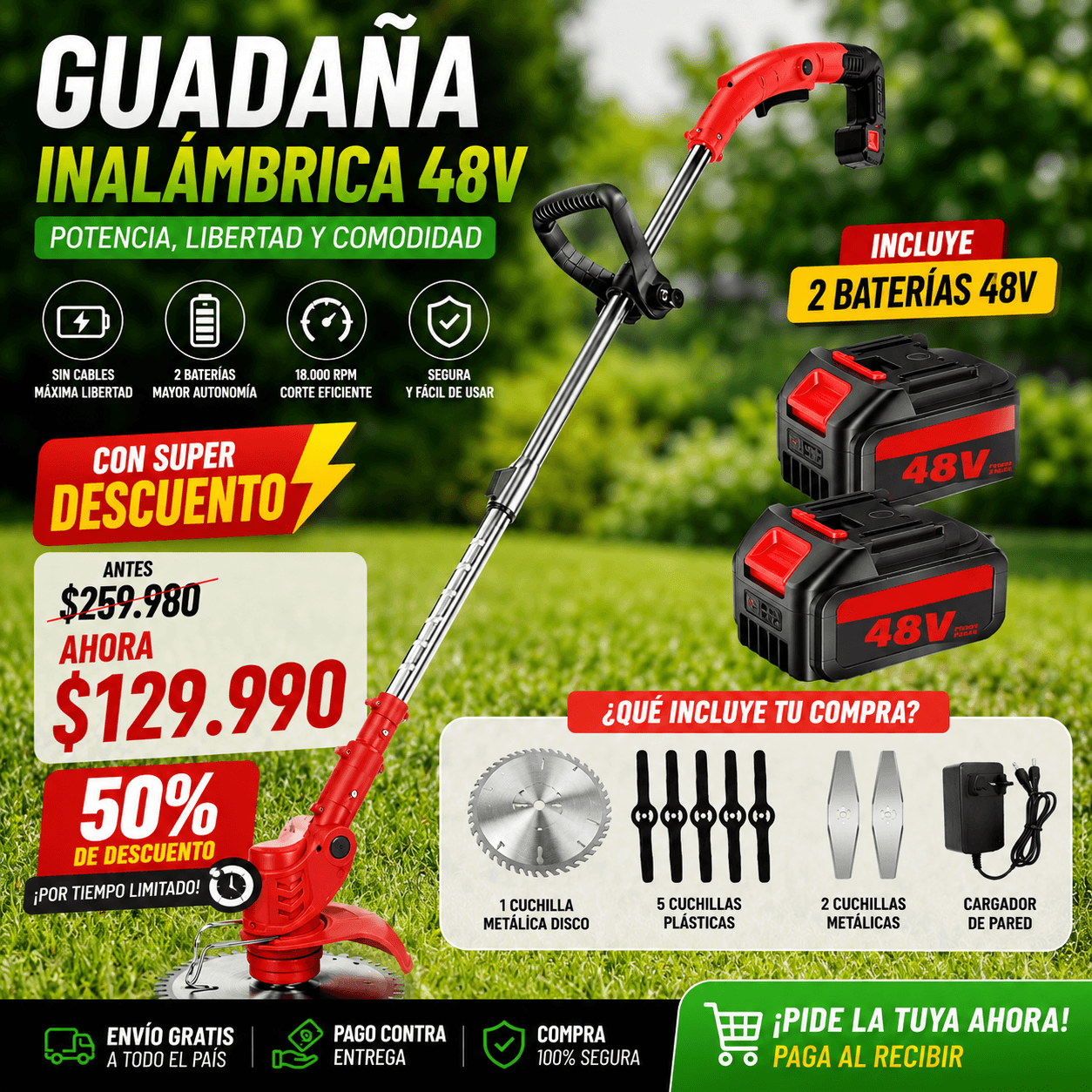 Guadaña Inalambrica cesped 2 Bat 48v